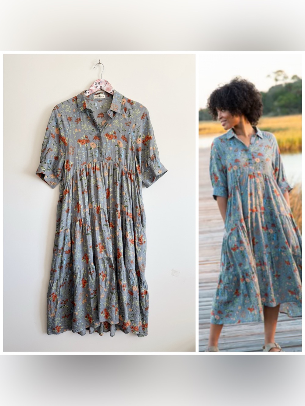 NATURAL LIFE Rebecca Blue Floral Collared Dress Size Medium